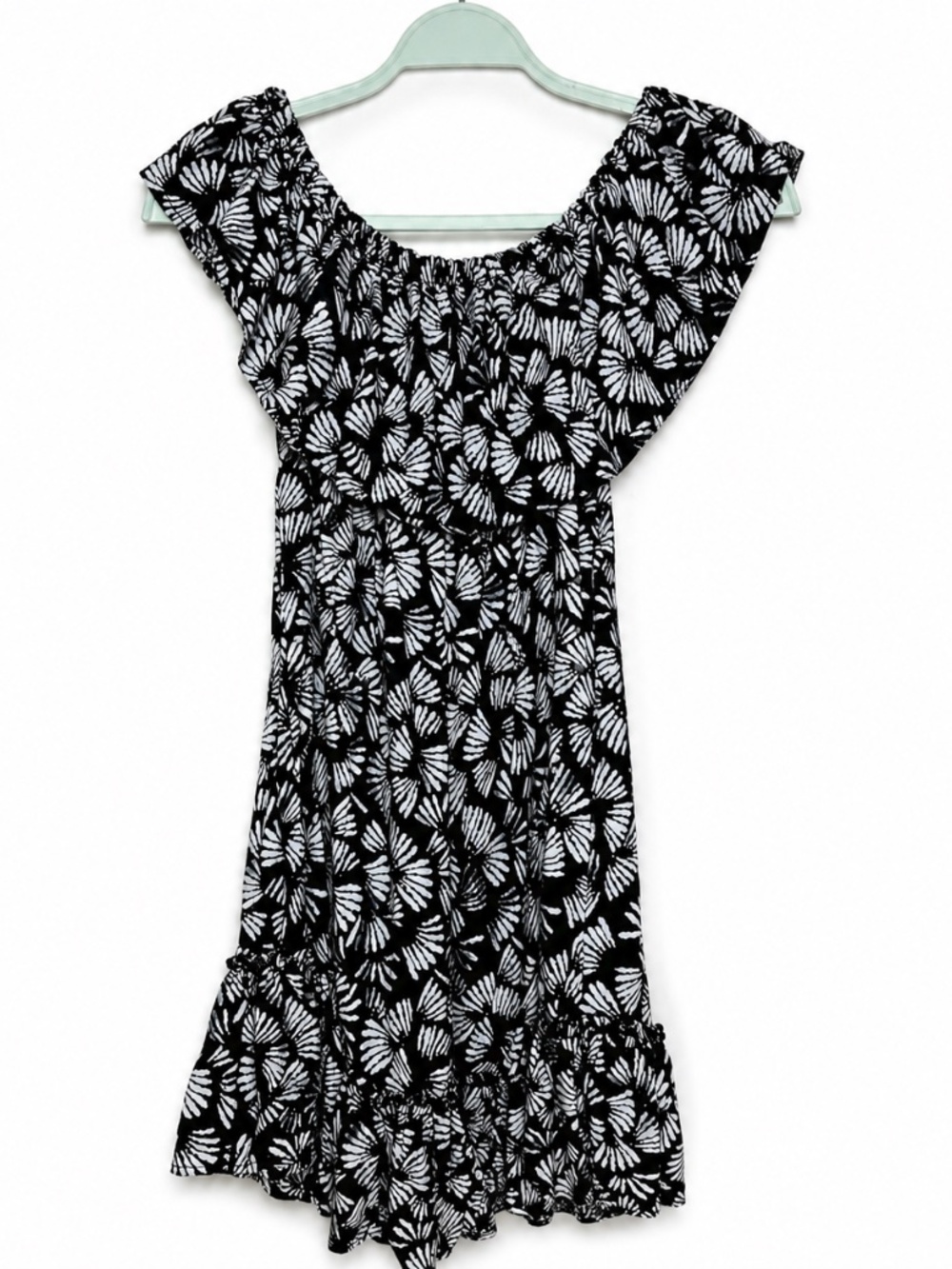 🖤 Black White Floral Off Shoulder Ruffle Mini Dress Women's M Boho Cottagecore